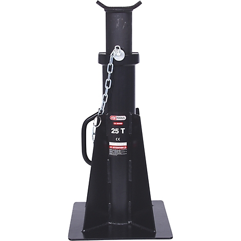 Schwarzer Stützbock, der auf einer quadratischen Platte steht. Oben eine Gabel, eine Kette und ein Warnhinweis.